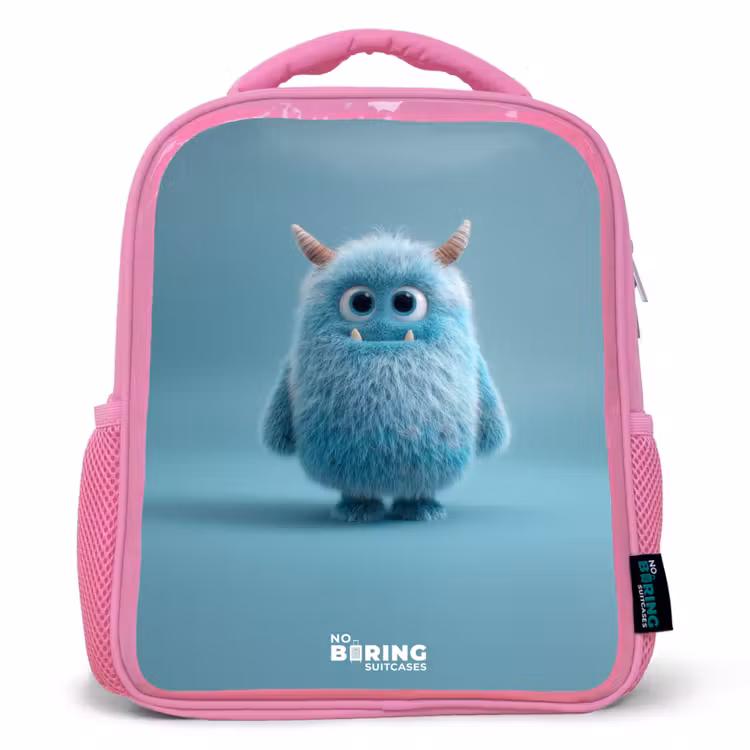 Rugzak kind met naam - Roze Blauw pluizig monster met hoorns — 1