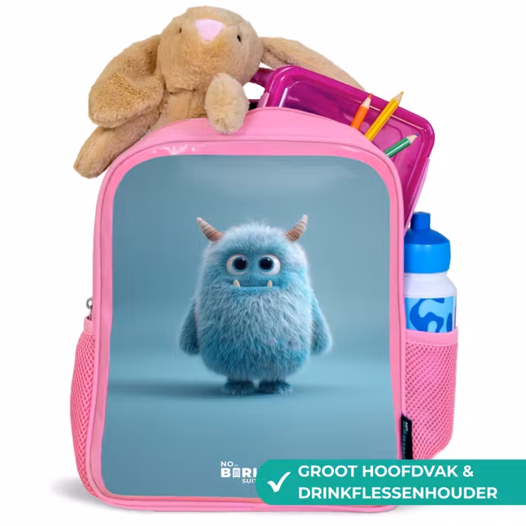 Rugzak kind met naam - Roze Blauw pluizig monster met hoorns — 2