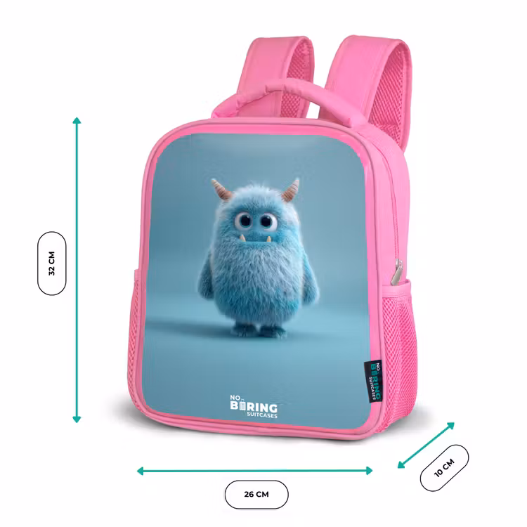 Rugzak kind met naam - Roze Blauw pluizig monster met hoorns — 3