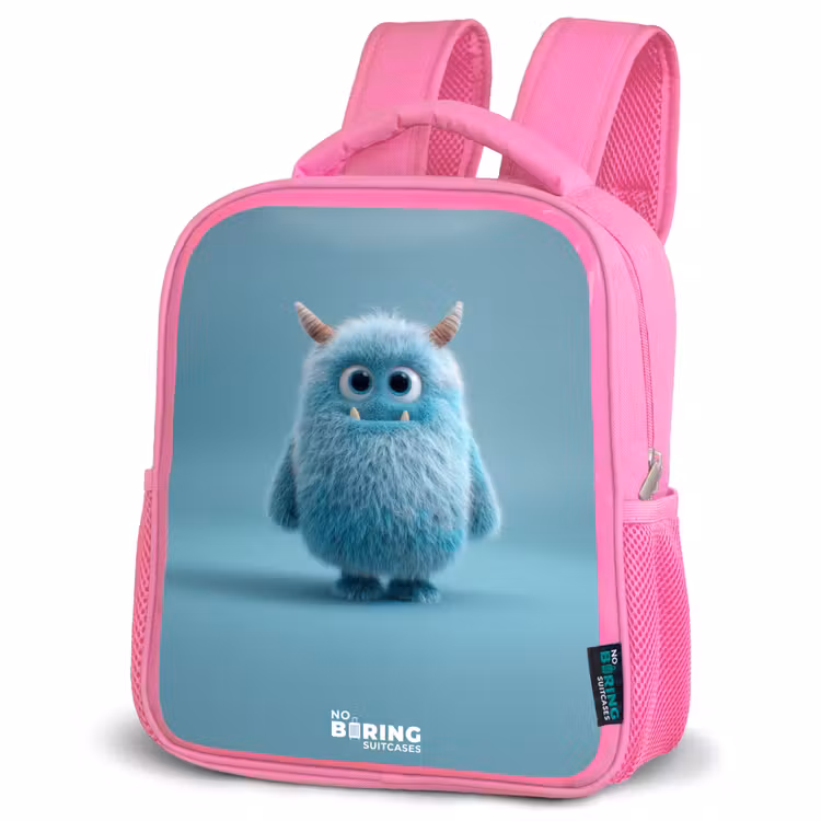 Rugzak kind met naam - Roze Blauw pluizig monster met hoorns — 4