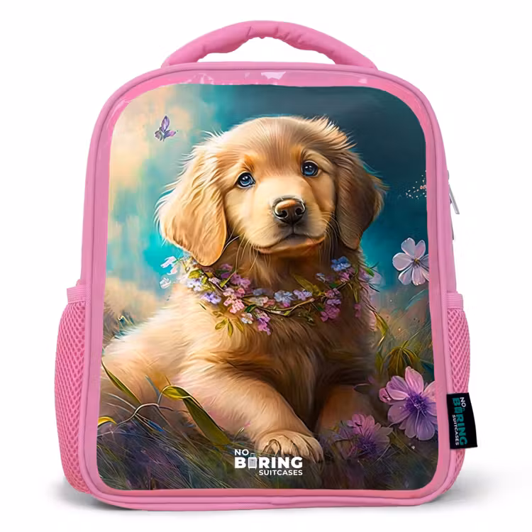 Rugzak kind - Roze - Goudkleurige puppy in het gras — 1