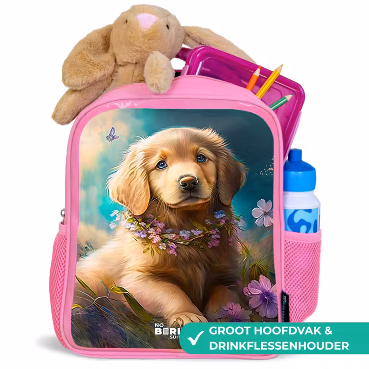 Rugzak kind - Roze - Goudkleurige puppy in het gras — 2