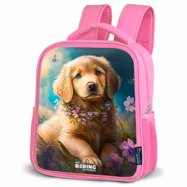 Rugzak kind - Roze - Goudkleurige puppy in het gras — 4