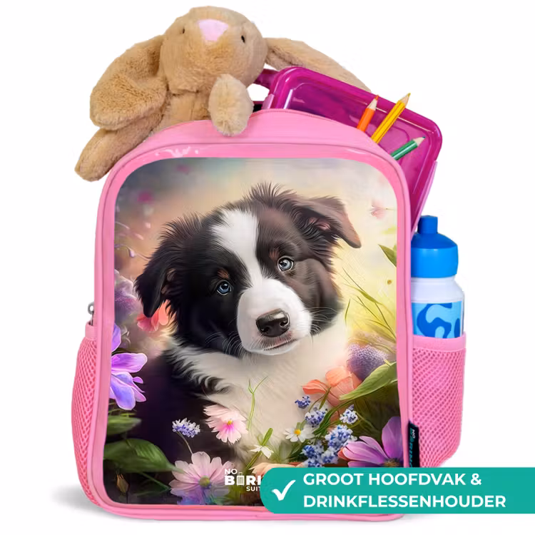 Rugzak kind - Roze - Hond met blauwe ogen in een veld — 2