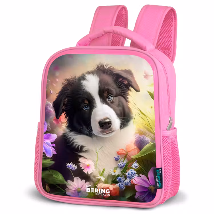 Rugzak kind - Roze - Hond met blauwe ogen in een veld — 4