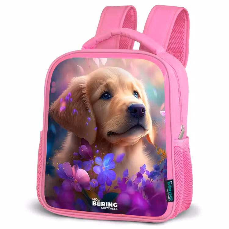 Rugzak kind - Roze - Jonge hond tussen felgekleurde bloemen — 4