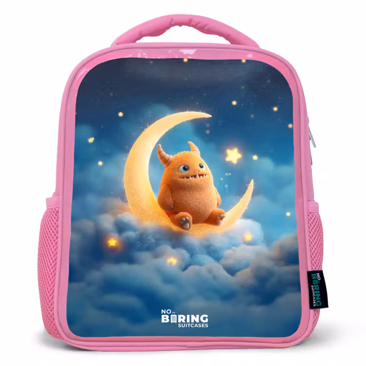 Rugzak kind met naam - Roze Oranje monster op maansikkel — 1