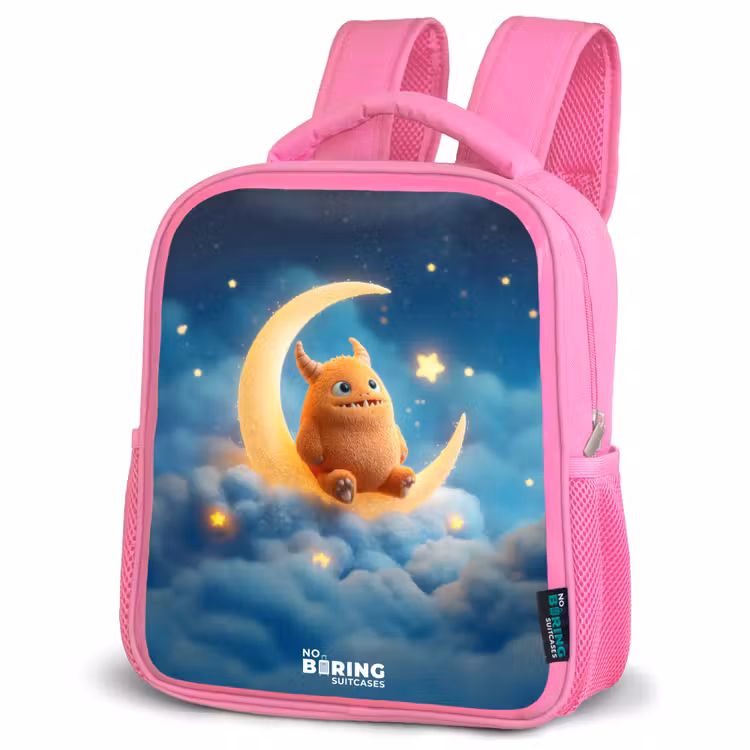 Rugzak kind met naam - Roze Oranje monster op maansikkel — 4