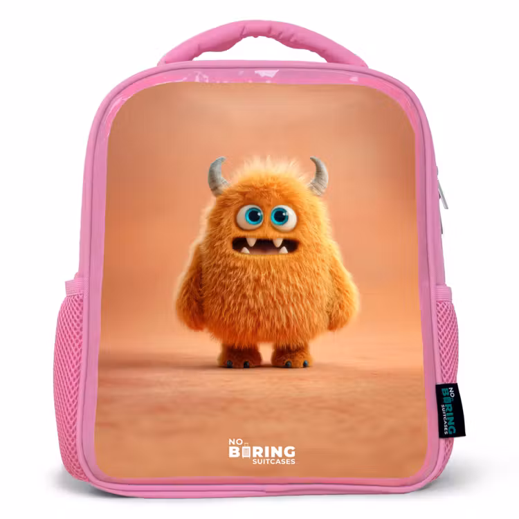 Rugzak kind met naam - Roze Oranje Pluizig Monster met Hoorns — 1