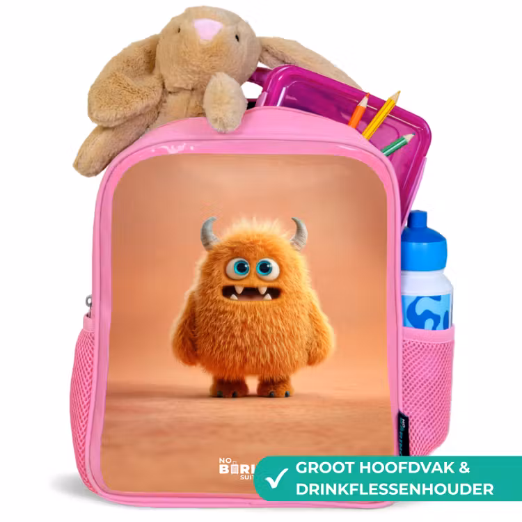 Rugzak kind met naam - Roze Oranje Pluizig Monster met Hoorns — 2