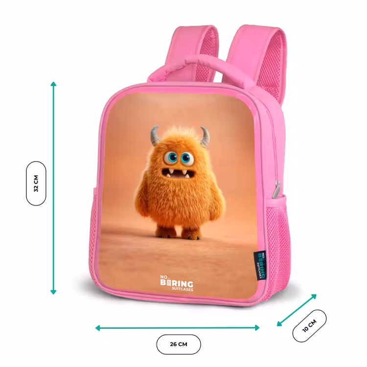 Rugzak kind met naam - Roze Oranje Pluizig Monster met Hoorns — 3