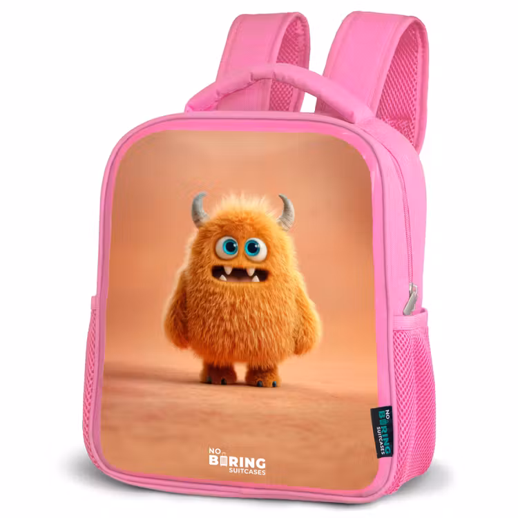 Rugzak kind met naam - Roze Oranje Pluizig Monster met Hoorns — 4