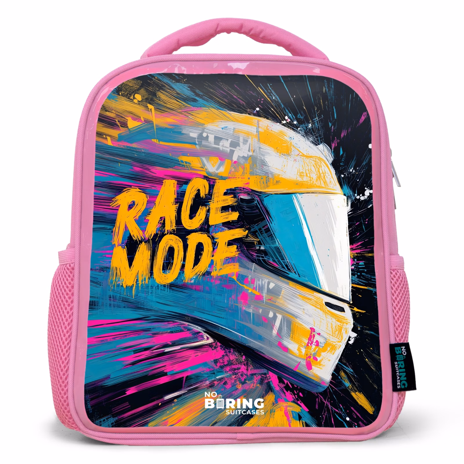 Rugzak kind met naam - Roze Racehelm - Verfspatten - Penseelstreken - Race mode — 1