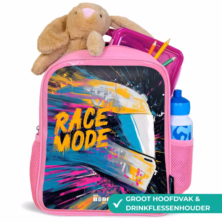 Rugzak kind met naam - Roze Racehelm - Verfspatten - Penseelstreken - Race mode — 2