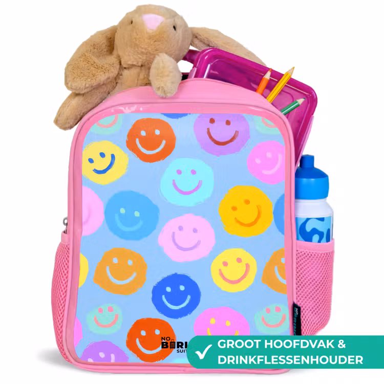 Rugzak kind met naam - Roze Vrolijk patroon van smileys — 2