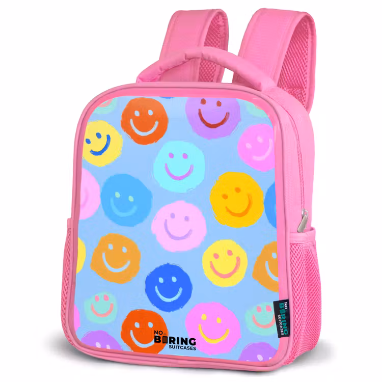 Rugzak kind met naam - Roze Vrolijk patroon van smileys — 4
