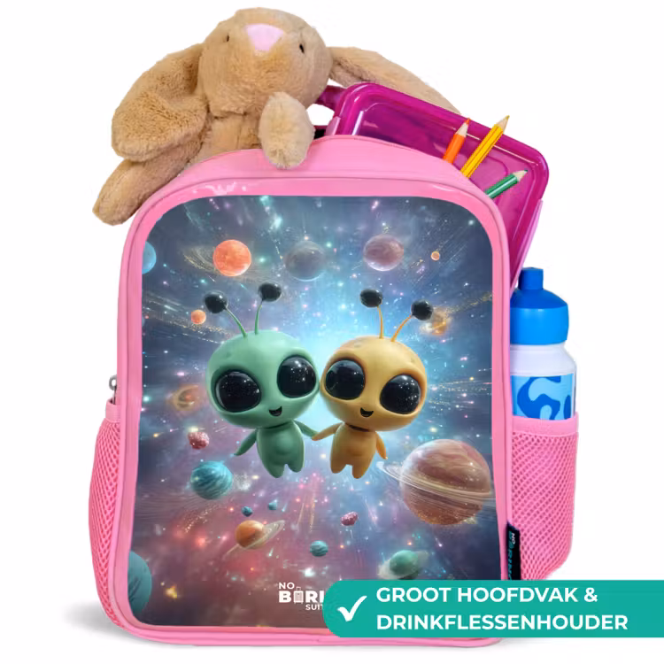 Rugzak kind met naam - Roze Vrolijke buitenaardse vrienden — 2