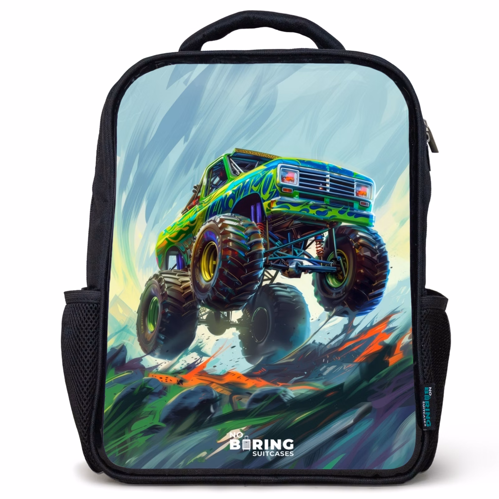 Rugzak kind - Zwart - Groene Monstertruck met Penseelstreken — 1