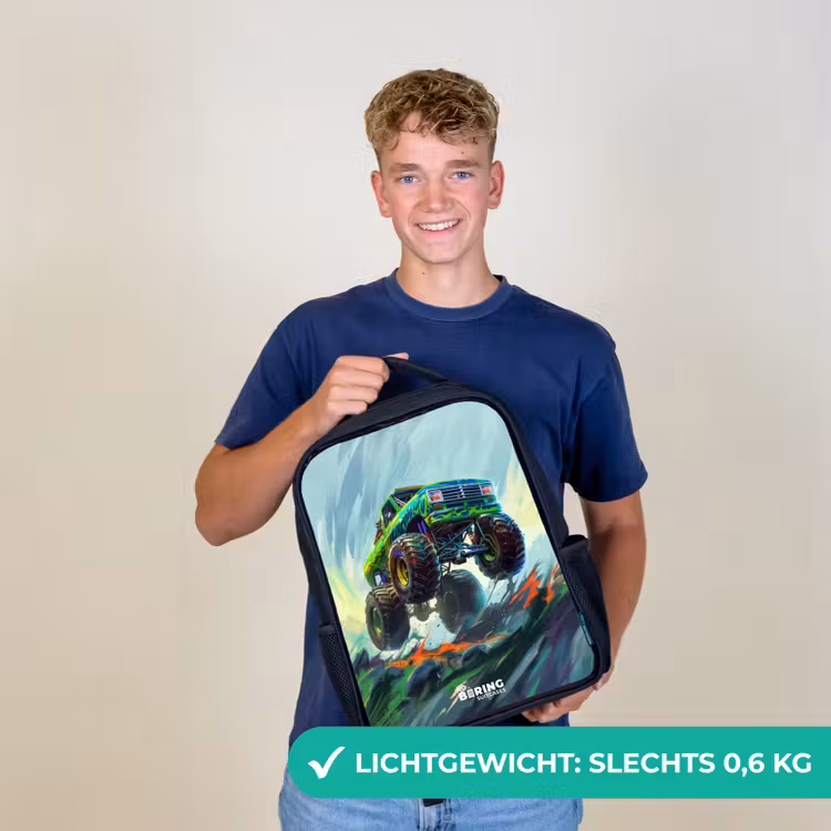 Rugzak kind - Zwart - Groene Monstertruck met Penseelstreken — 2