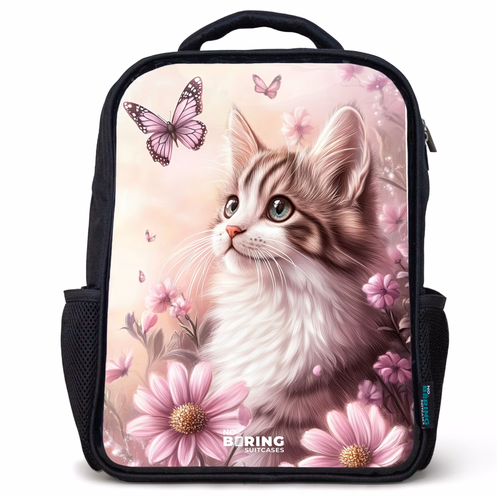 Rugzak kind met naam - Zwart - Kat - Paars - Vlinders - Bloemen — 1