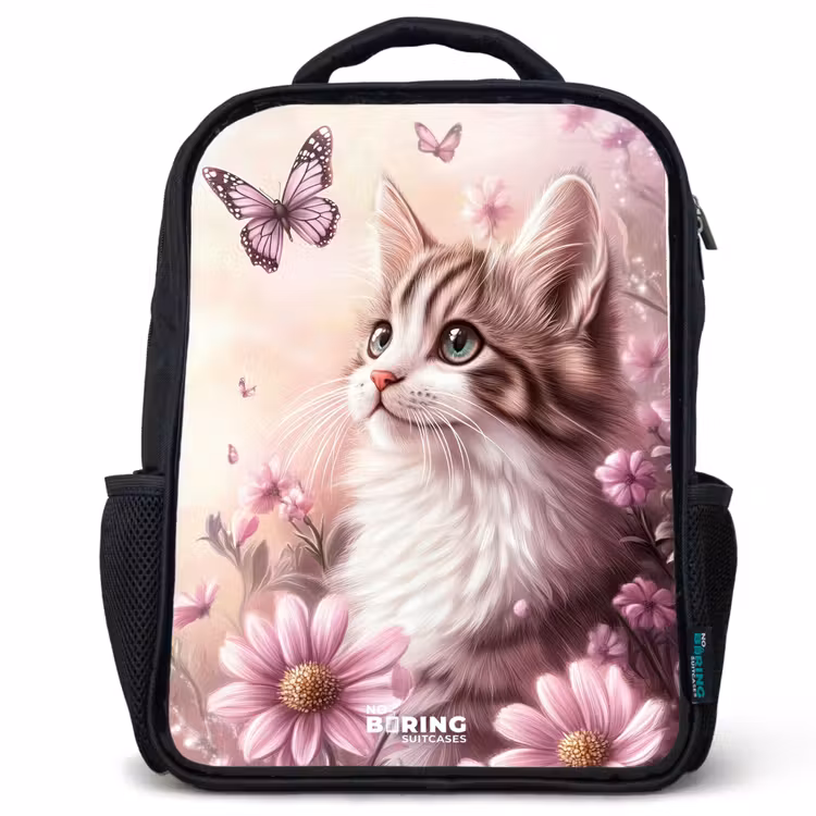 Rugzak kind met naam - Zwart - Kat - Paars - Vlinders - Bloemen — 1