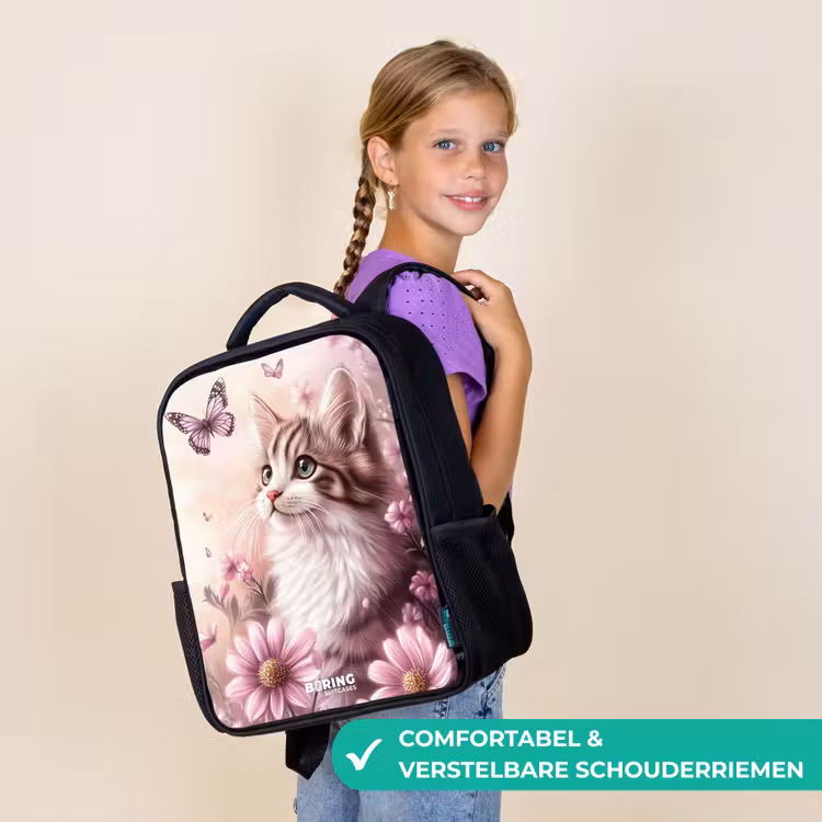 Rugzak kind met naam - Zwart - Kat - Paars - Vlinders - Bloemen — 3
