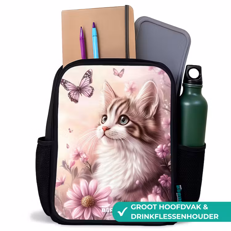 Rugzak kind met naam - Zwart - Kat - Paars - Vlinders - Bloemen — 4