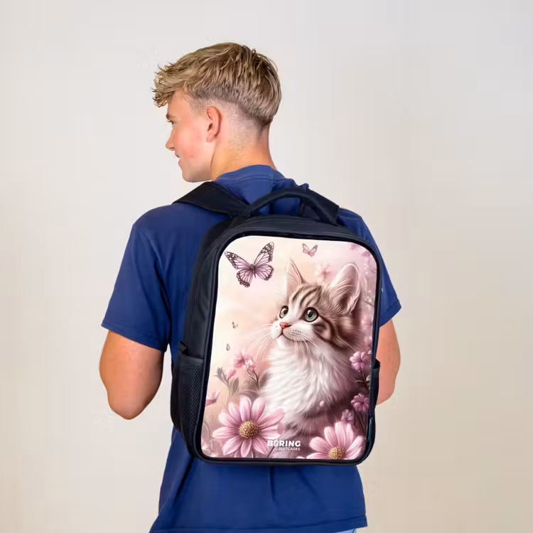 Rugzak kind met naam - Zwart - Kat - Paars - Vlinders - Bloemen — 6
