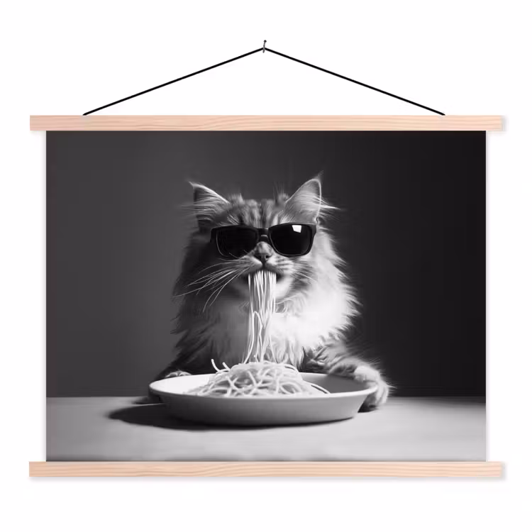 Schoolplaat - Langharige kat - Zonnebril - Spaghetti - Humor - Zwart - wit — 1