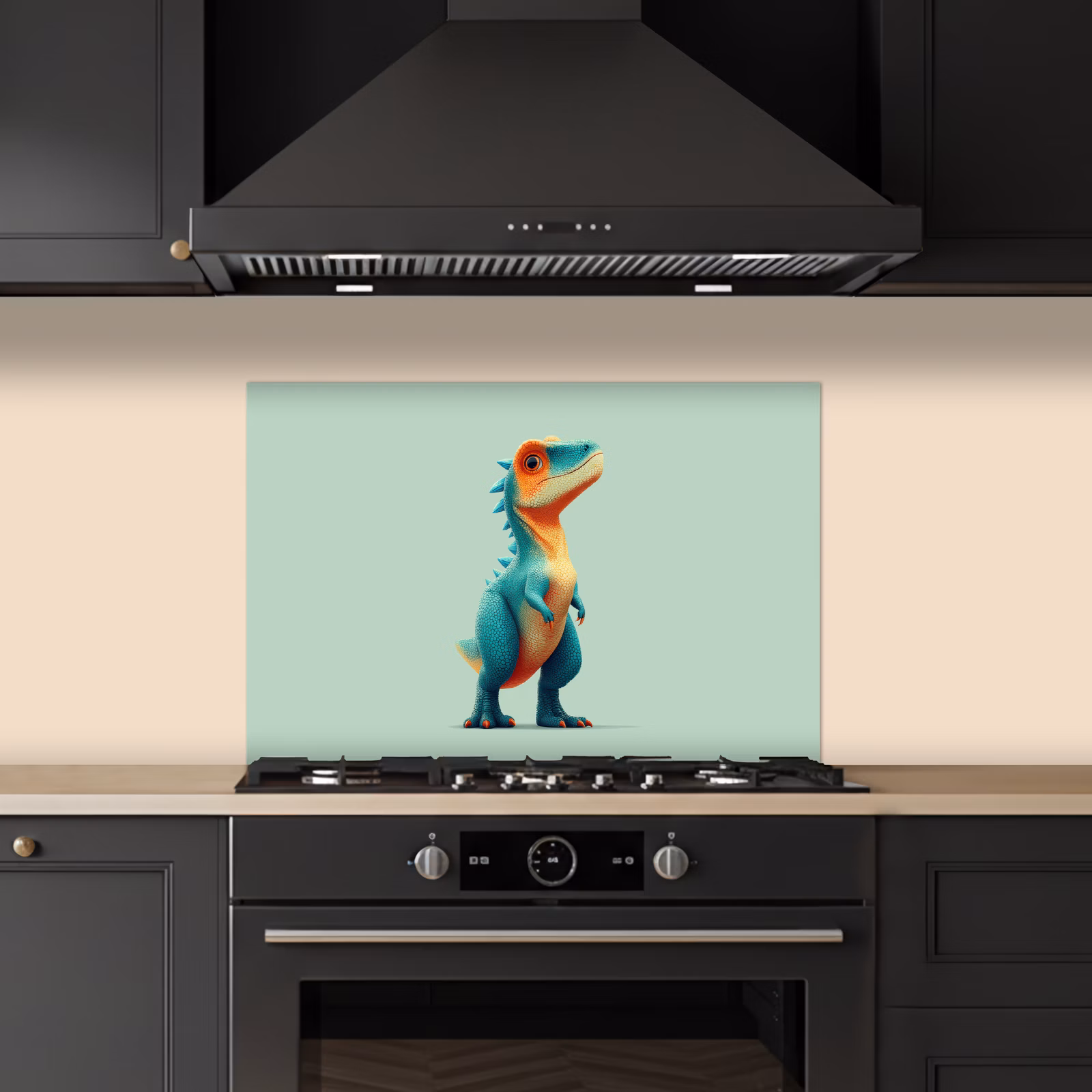 Spatscherm keuken - Cartoon - Dino - Oranje - Stekels — 1