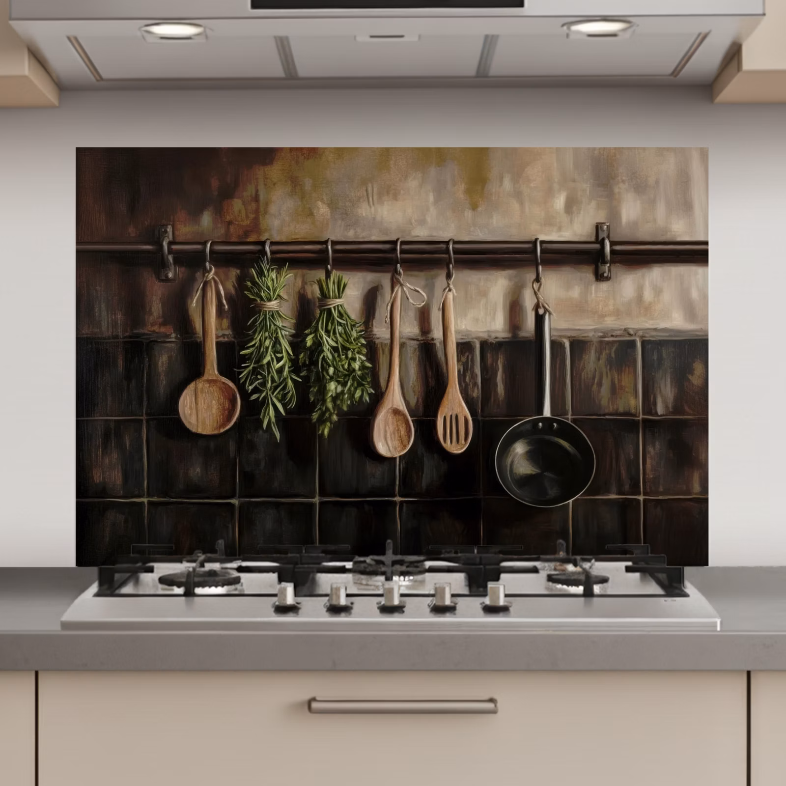 Spatscherm keuken - Keukengerei - Rustiek - Tegels - Kruiden — 1