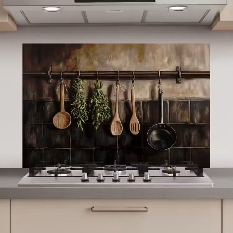 Spatscherm keuken - Keukengerei - Rustiek - Tegels - Kruiden — 1