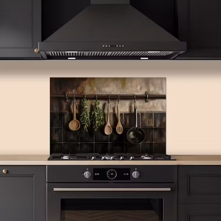 Spatscherm keuken - Keukengerei - Rustiek - Tegels - Kruiden — 2