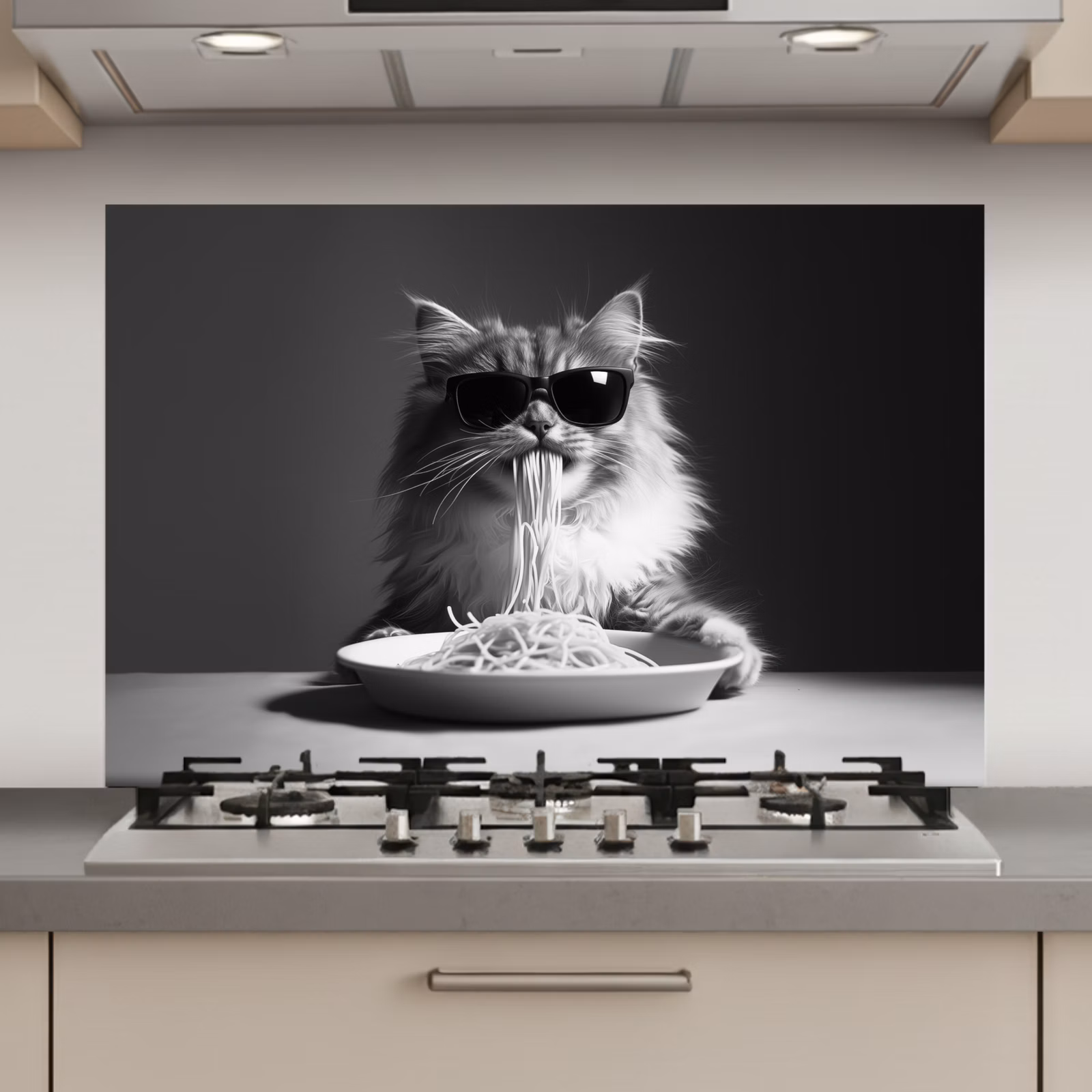 Spatscherm keuken - Langharige kat - Zonnebril - Spaghetti - Humor - Zwart - wit — 1