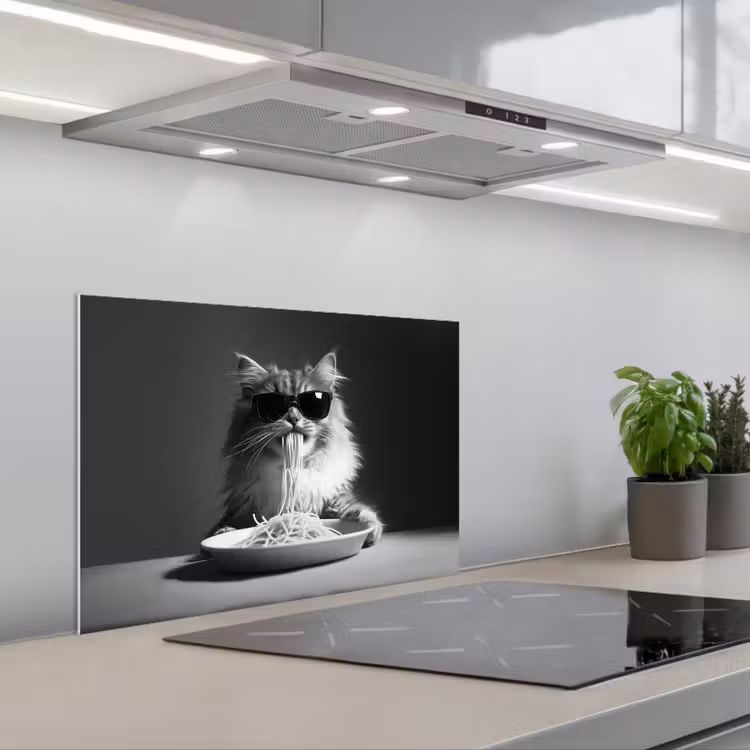 Spatscherm keuken - Langharige kat - Zonnebril - Spaghetti - Humor - Zwart - wit — 5