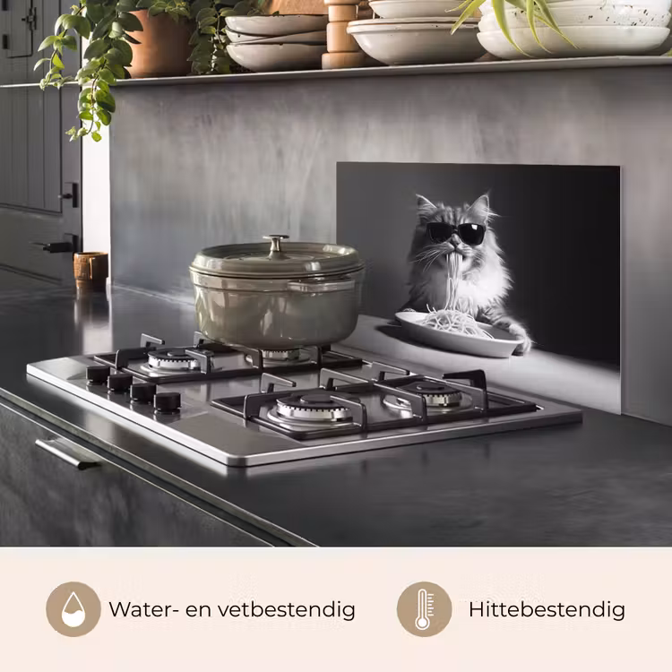 Spatscherm keuken - Langharige kat - Zonnebril - Spaghetti - Humor - Zwart - wit — 7