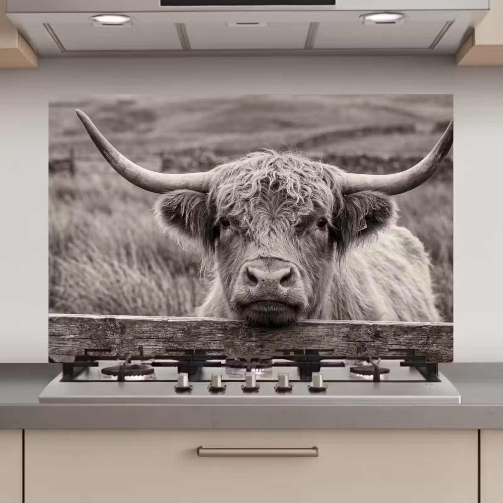 Spatscherm keuken - Schotse hooglander - Zwart - Wit - Hout — 1
