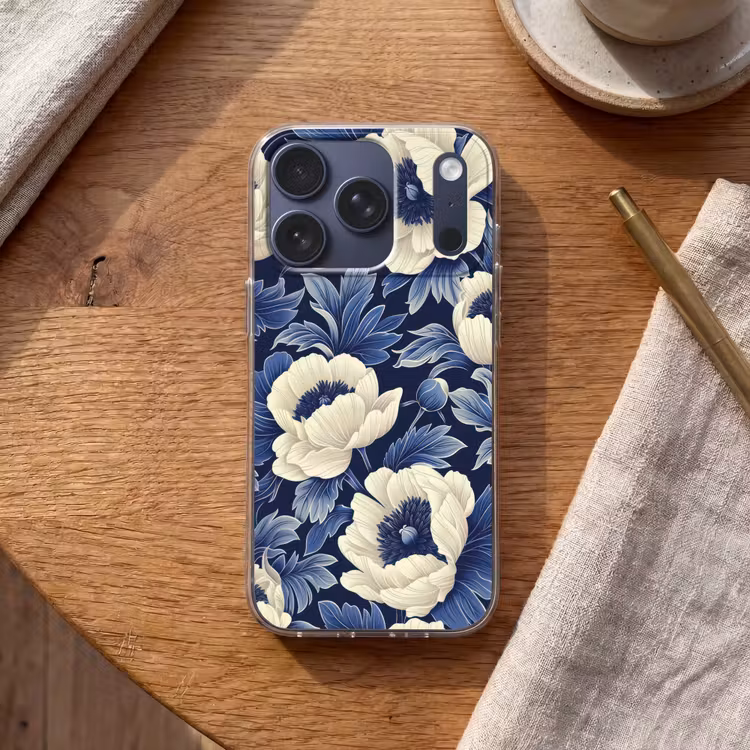 Telefoonhoesje - Bloemen - Patroon - Blauw - Wit — 2