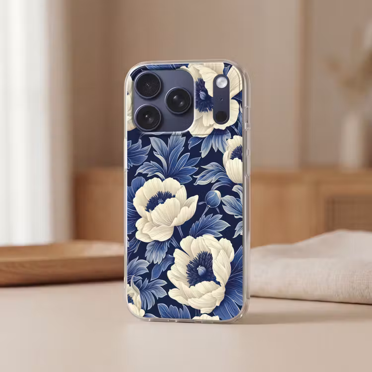 Telefoonhoesje - Bloemen - Patroon - Blauw - Wit — 3
