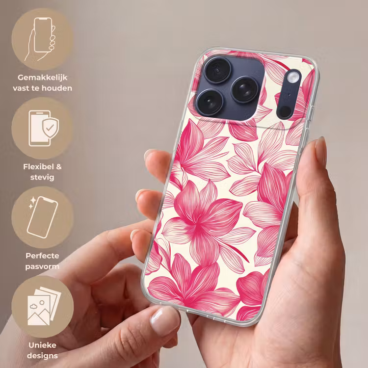 Telefoonhoesje - Bloemen - Patroon - Roze - Wit — 4