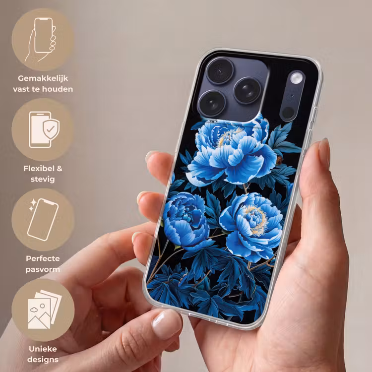 Telefoonhoesje - Bloemen - Zwart - Blauw - Modern — 4