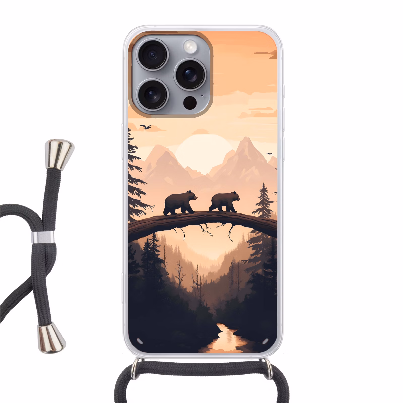 Telefoonhoesje met koord - Beren - Bomen - Landschap - Zonsondergang — 1