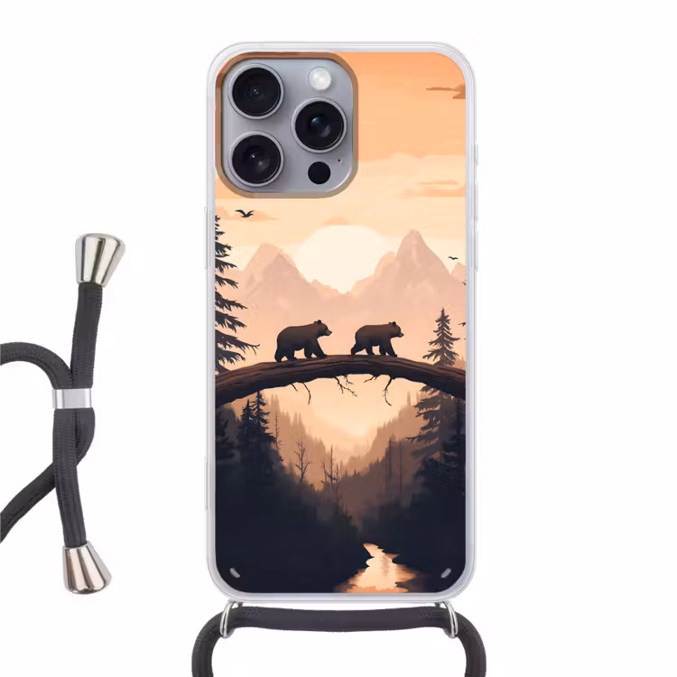 Telefoonhoesje met koord - Beren - Bomen - Landschap - Zonsondergang — 1
