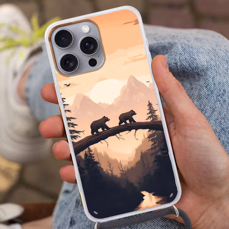 Telefoonhoesje met koord - Beren - Bomen - Landschap - Zonsondergang — 2