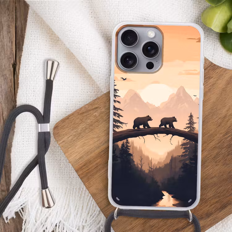 Telefoonhoesje met koord - Beren - Bomen - Landschap - Zonsondergang — 3