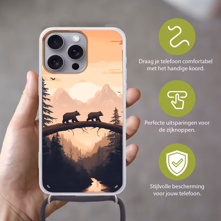 Telefoonhoesje met koord - Beren - Bomen - Landschap - Zonsondergang — 4