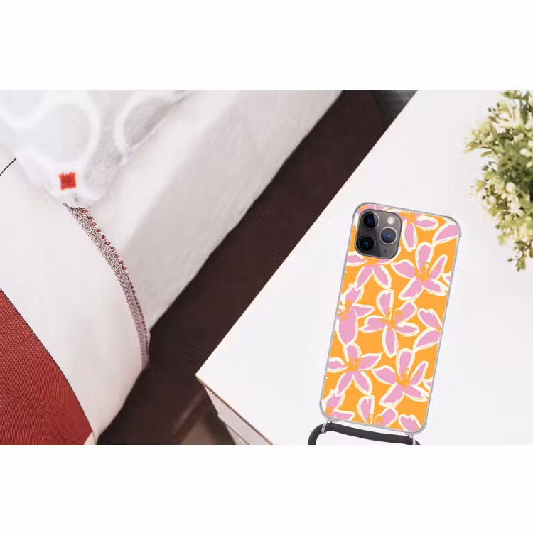 Telefoonhoesje met koord - Bloemen - Patroon - Roze - Oranje — 3