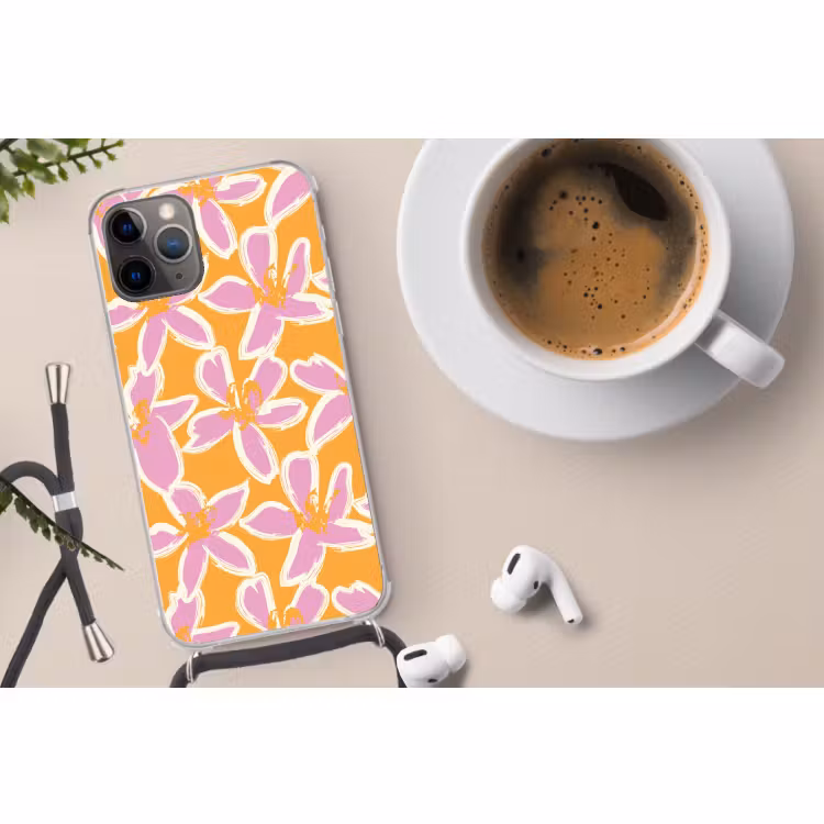 Telefoonhoesje met koord - Bloemen - Patroon - Roze - Oranje — 4