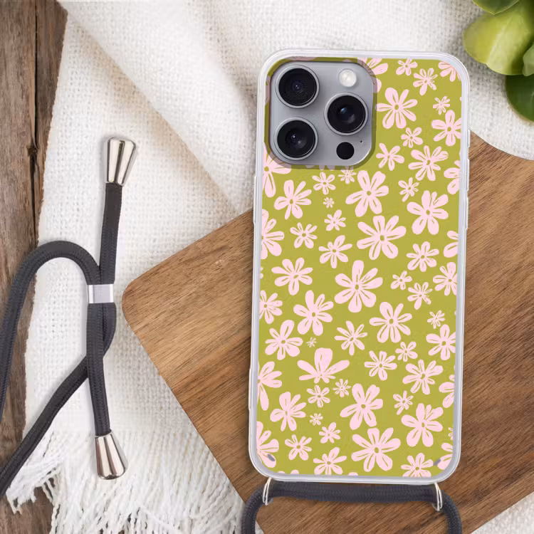 Telefoonhoesje met koord - Bloemen - Roze - Getekend - Patroon — 3
