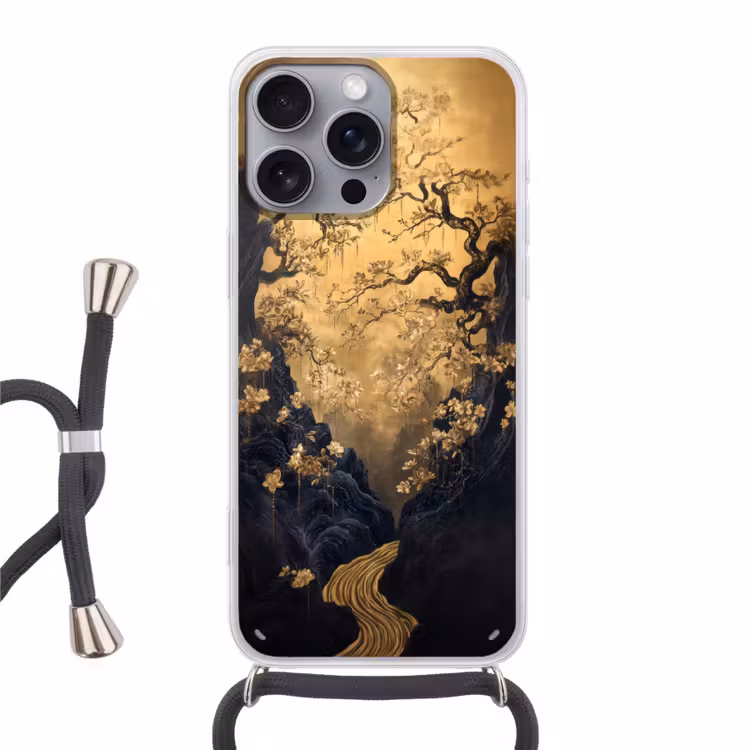 Telefoonhoesje met koord - Bloemen - Takken - Goud - Sierlijk — 1